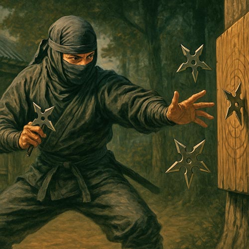 Ninja practicing shurikenjutsu at dusk in a misty forest, throwing stars flying toward a wooden target.