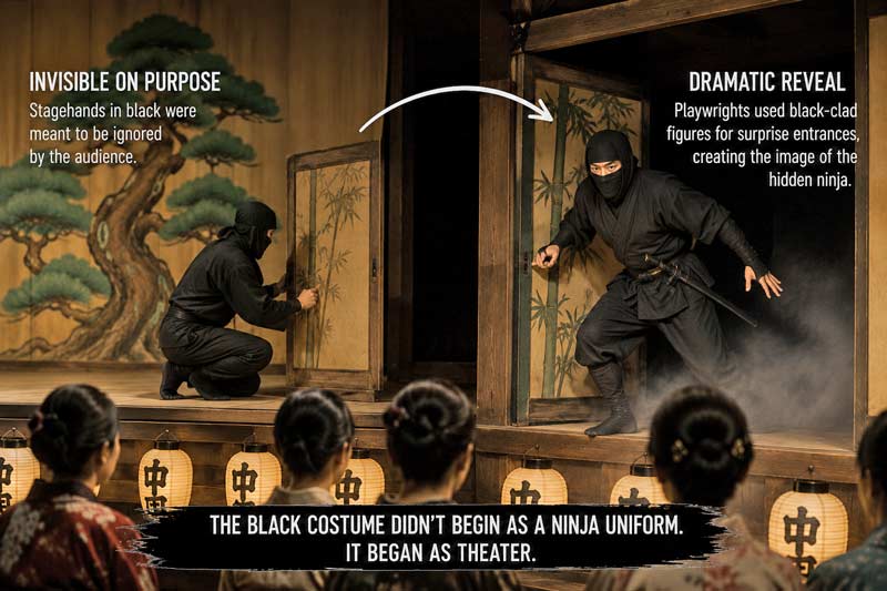 Kabuki stagehands in black inspiring the iconic image of the ninja.
