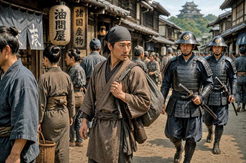 Ordinary townsman blending into a crowded street while observing passing samurai.