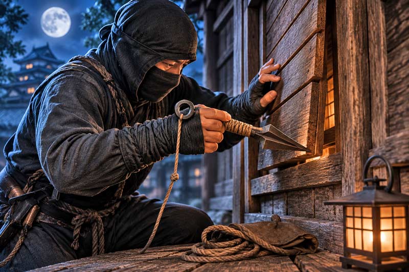 Covert operative using a kunai as a practical tool during a nighttime infiltration.