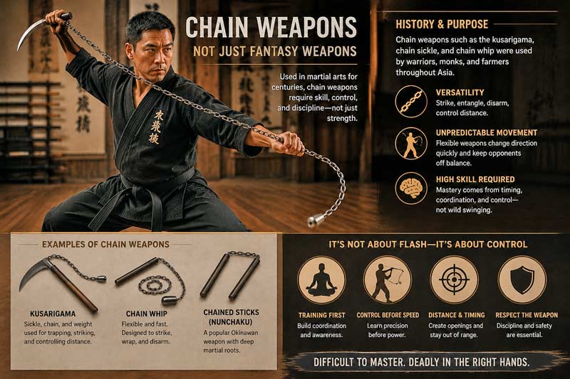 Martial artist demonstrating a kusarigama in a dojo with infographic explaining chain weapons, control, coordination, and traditional martial arts training