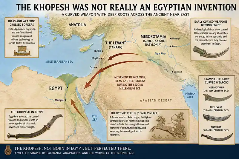Map showing the khopesh spreading from the ancient Near East into Egypt