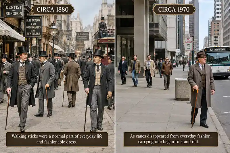 Victorian men carrying fashionable walking sticks compared with a 1970s man standing out with a cane