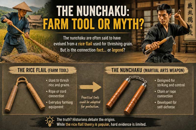 Nunchaku farm tool origin comparison showing a rice flail, martial arts nunchaku, and the debate over whether the weapon really evolved from farming equipment