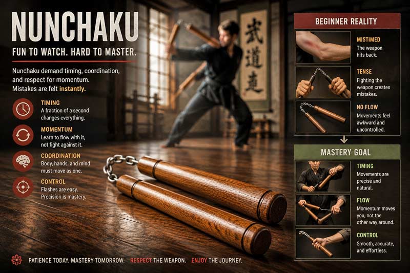 Editorial infographic showing wooden nunchaku in a dojo with beginner challenges, timing, coordination, and mastery concepts.