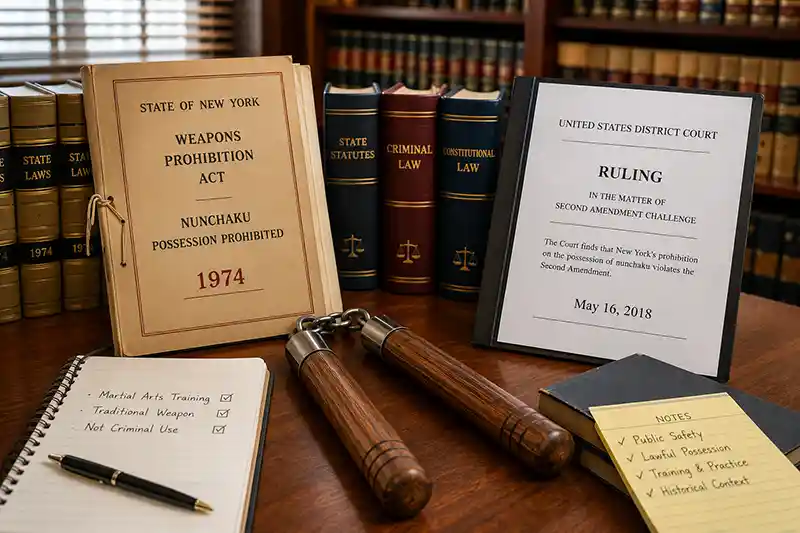 Wooden nunchaku between a 1974 prohibition document and a later court ruling overturning the ban