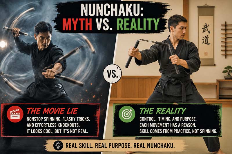 Myth vs reality infographic comparing exaggerated movie-style nunchaku spinning with controlled traditional nunchaku technique in a dojo.
