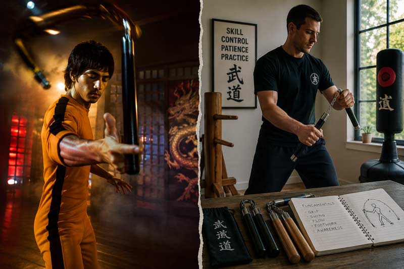 Hollywood vs reality comparison of nunchucks showing dramatic movie-style martial arts action beside realistic dojo training and practice.