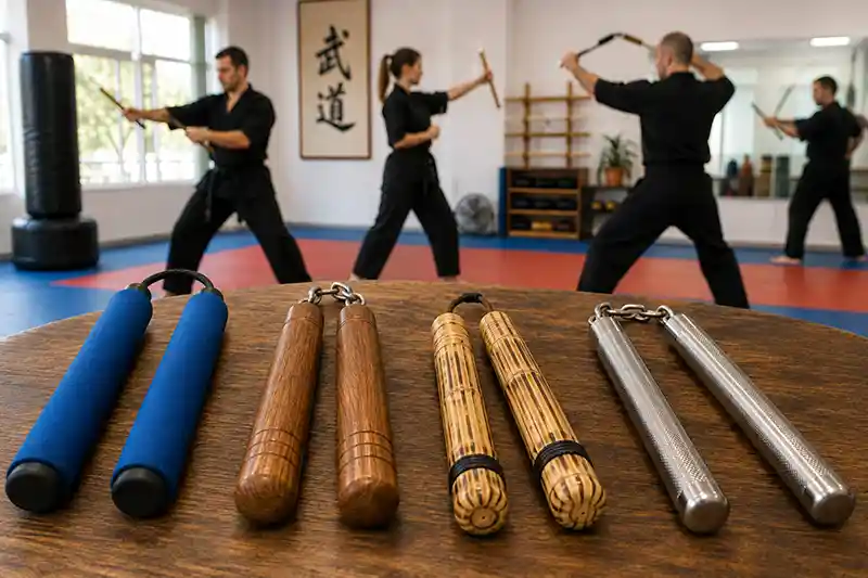 Foam, wooden, rattan, and metal nunchaku displayed in a modern martial arts dojo