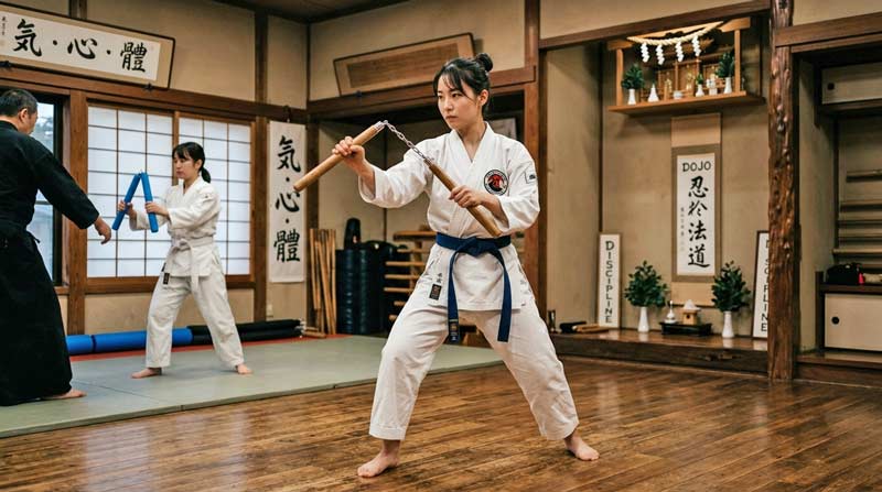 Martial arts student training with realistic wooden nunchaku in a dojo while a beginner practices with foam nunchucks in the background