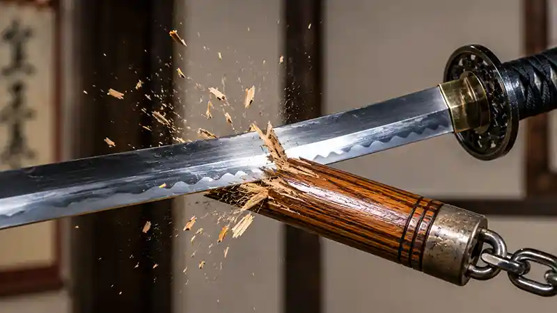 Wooden nunchaku splintering as it strikes the edge of a steel sword blade