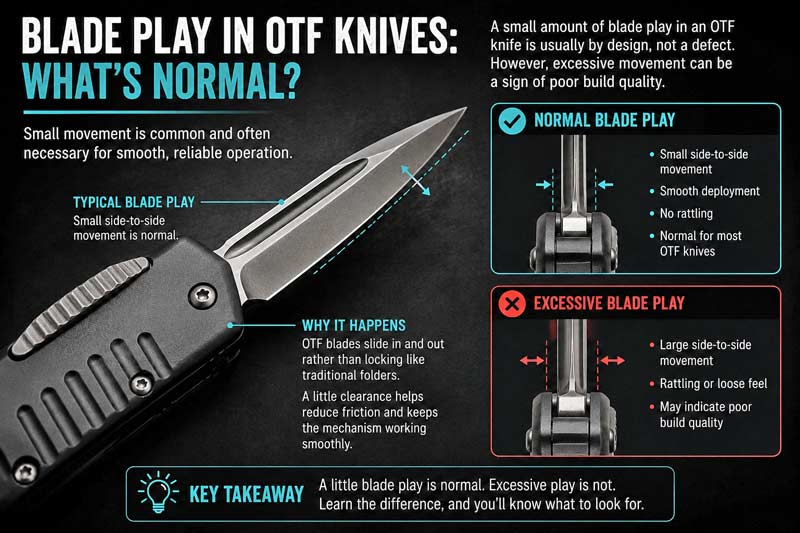 OTF knife blade play infographic explaining normal movement versus excessive looseness in out-the-front knives