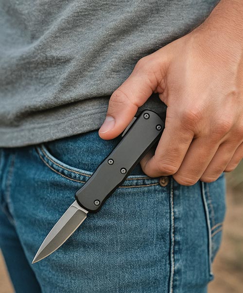 Person pulling a compact black automatic knife from the front pocket of blue jeans.