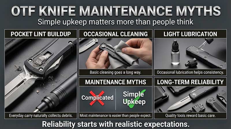 OTF knife maintenance infographic showing cleaning, lubrication, pocket lint, and simple upkeep tips for reliability