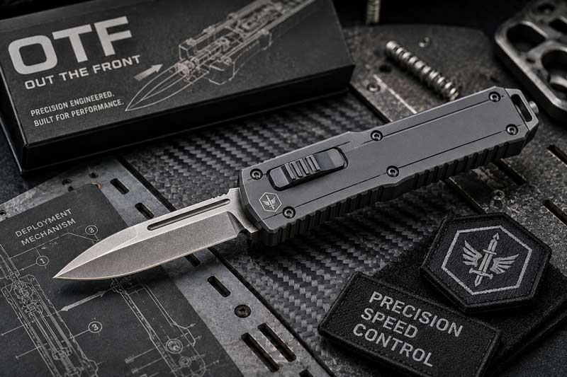 Modern OTF knife displayed on dark carbon fiber with mechanical schematics and tactical-inspired background.