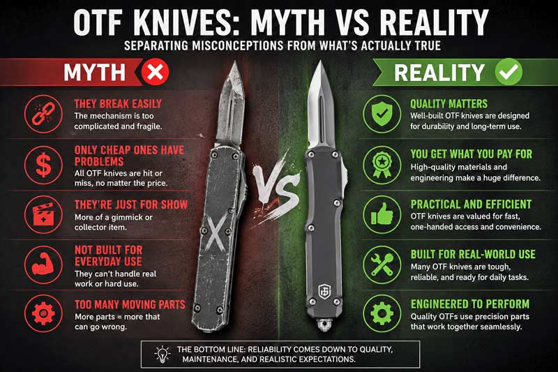 OTF knife myth vs reality infographic comparing reliability misconceptions with real-world performance facts