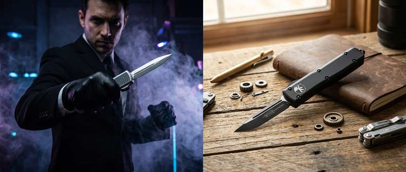 Hollywood vs reality comparison of OTF knife myth showing dramatic secret-agent movie aesthetic beside realistic everyday carry and mechanical design focus.