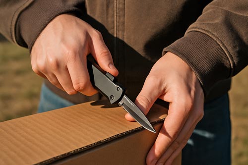 Hands using a black automatic knife to cut open a cardboard box outdoors.