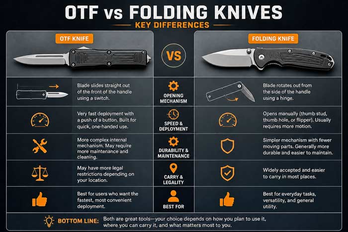 Infographic comparing OTF and folding knives, showing differences in opening mechanism, speed, durability, and everyday use