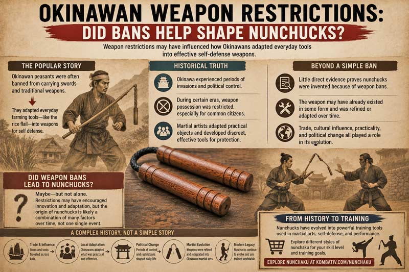 Okinawan weapon restrictions and nunchaku history showing martial artists, traditional wooden nunchaku, weapon bans, cultural influence, and the debate over how nunchucks evolved in Okinawa