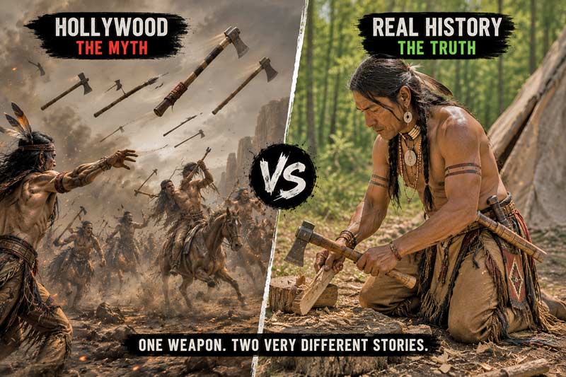 Split image comparing Hollywood's flying tomahawk myth with the real historical use of the tomahawk as a practical tool.
