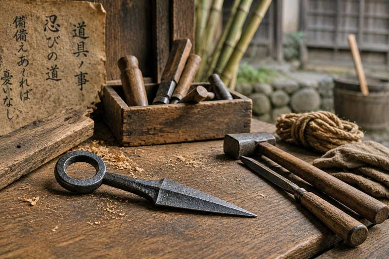 Traditional iron kunai displayed as a simple everyday tool on a craftsman's workbench.
