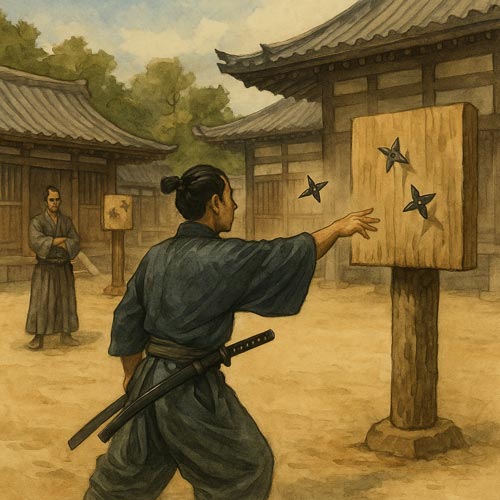 Samurai practicing shuriken throwing in a traditional Japanese courtyard with wooden targets.