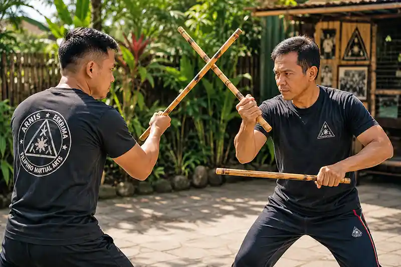 Two martial artists practicing with rattan escrima sticks
