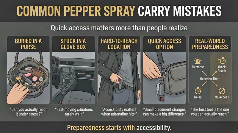 Pepper spray carry mistakes infographic showing poor accessibility and quick-access carry options