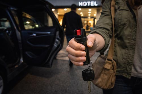 Pepper spray in a dimly lit parking lot.