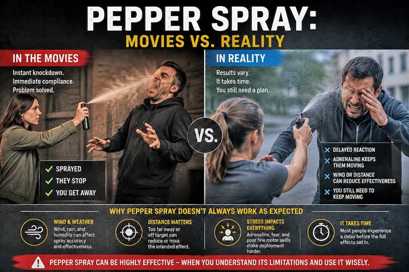 Pepper spray movies vs reality infographic showing common misconceptions and real-world limitations