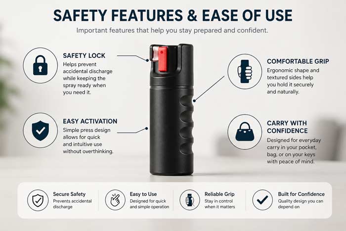 Infographic showing pepper spray safety features including lock, grip, and easy activation in a clean labeled layout