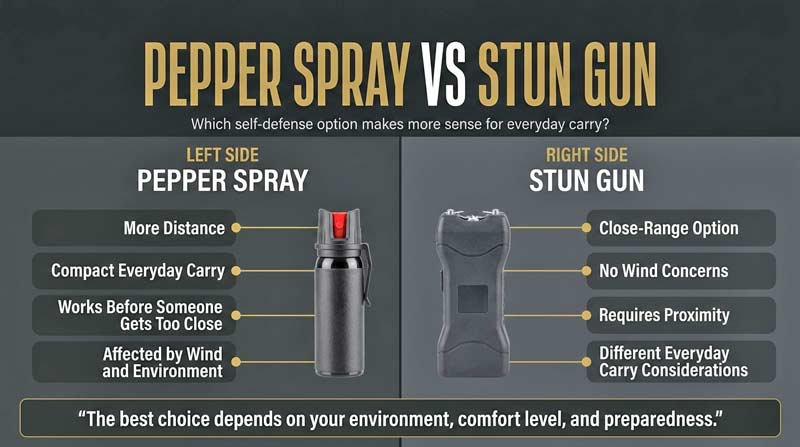 Pepper spray vs stun gun comparison infographic for everyday self defense choices