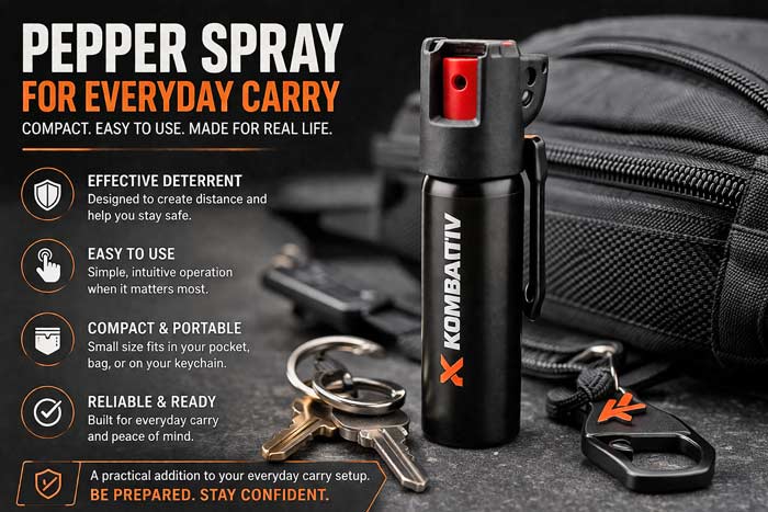 Infographic showing a compact pepper spray canister with icons highlighting ease of use, portability, and everyday carry convenience