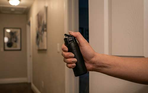 A womans hand gripping black pepper spray near an open doorway in a home hallway.