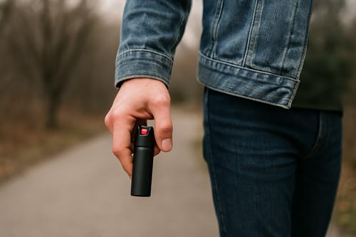 Person walking on a trail while holding a pepper spray canister.