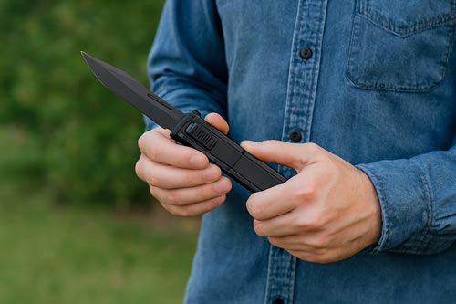 Person holding a black automatic knife outdoors.
