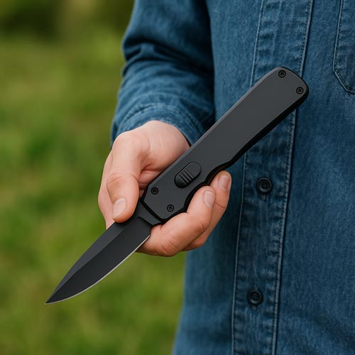 Person holding a black automatic knife outdoors while wearing a denim shirt.