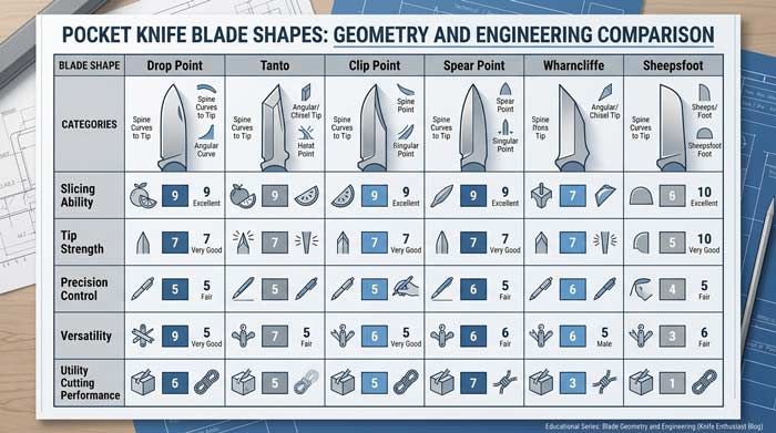 Infographic comparing popular pocket knife blade shapes including drop point, tanto, clip point, spear point, Wharncliffe, and sheepsfoot profiles