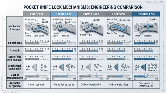 Infographic comparing different pocket knife lock mechanisms including liner locks, frame locks, button locks, lockbacks, and crossbar locks