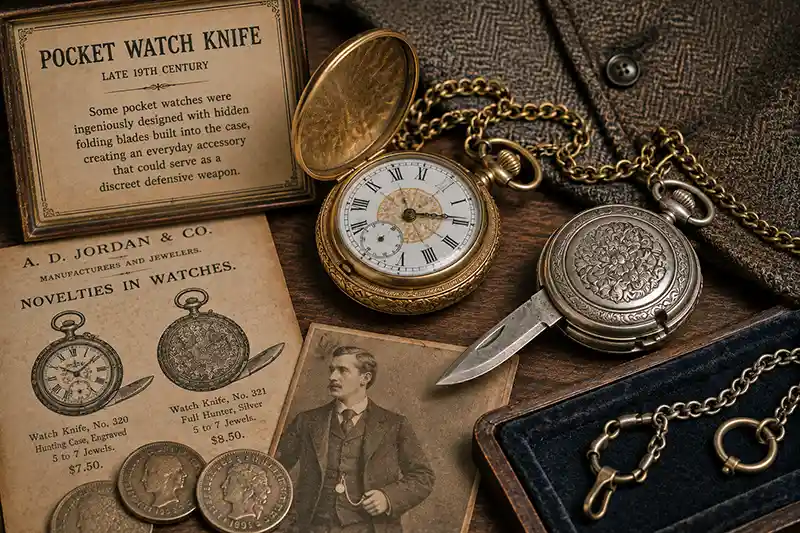 Antique pocket watch knife with hidden folding blade and Victorian accessories