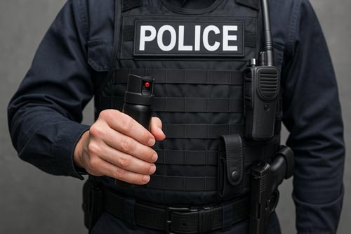 Police officer holding a pepper spray canister on a tactical vest.