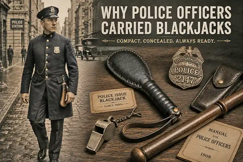 Early 1900s police officer with a leather blackjack and patrol equipment