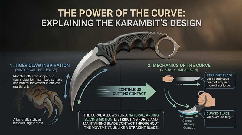 Why the karambit knife is curved showing claw-inspired blade shape, slicing motion, and finger ring design