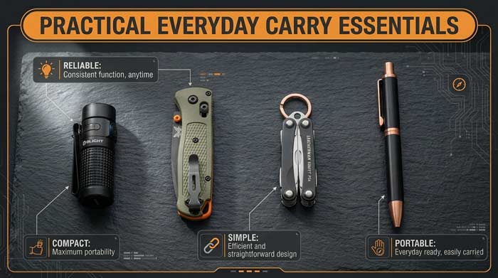 Infographic showing everyday carry items like flashlight, folding knife, keychain tool, and pen representing simplicity, portability, and reliability