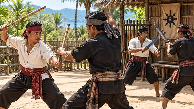Filipino martial artists practicing escrima stick and blade techniques in a traditional training courtyard