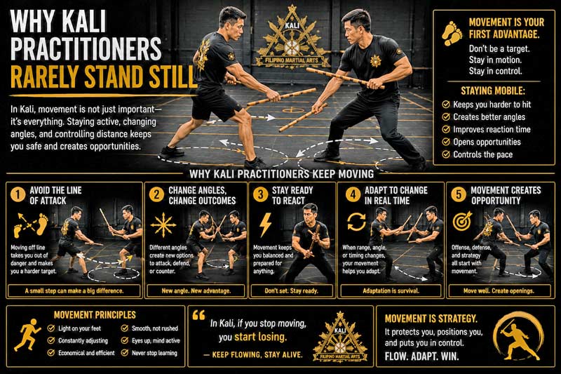 Kali martial arts footwork and movement strategy infographic