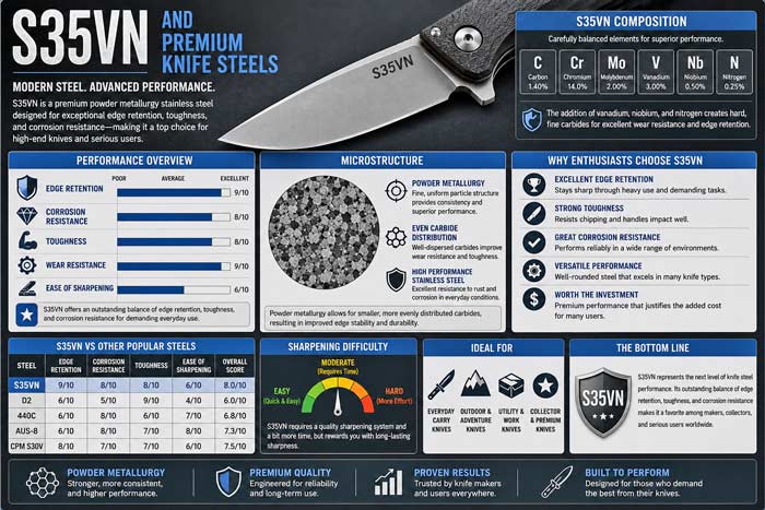 Infographic explaining S35VN premium knife steel with charts showing edge retention, toughness, corrosion resistance, composition, and powder metallurgy structure