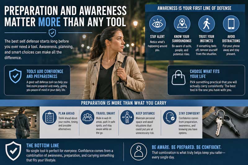 Infographic-style image showing personal safety awareness tips, everyday preparedness, and confidence-building habits alongside compact carry items and daily routines