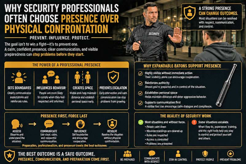 Security professional presence over physical confrontation infographic